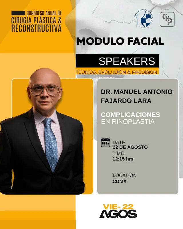 🔹 Módulo Facial – Congreso Anual de Cirugía Plástica & Reconstructiva
Es un honor participar en este encuentro académico, como profesor, compartiendo en el área de Rinoplastia con la conferencia:
“Complicaciones en Rinoplastia”

📅 22 de agosto | 🕛 12:15 hrs | 📍 CDMX

💬 Un espacio para el intercambio de experiencia, conocimiento y excelencia en cirugía plástica.